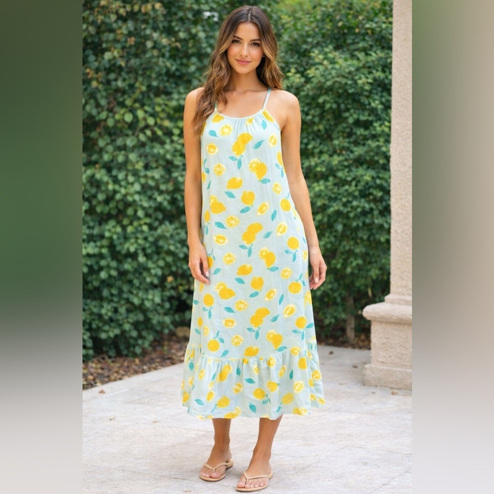 Peyton and Parker lemon print dress blue yellow spring summer spaghetti strap S